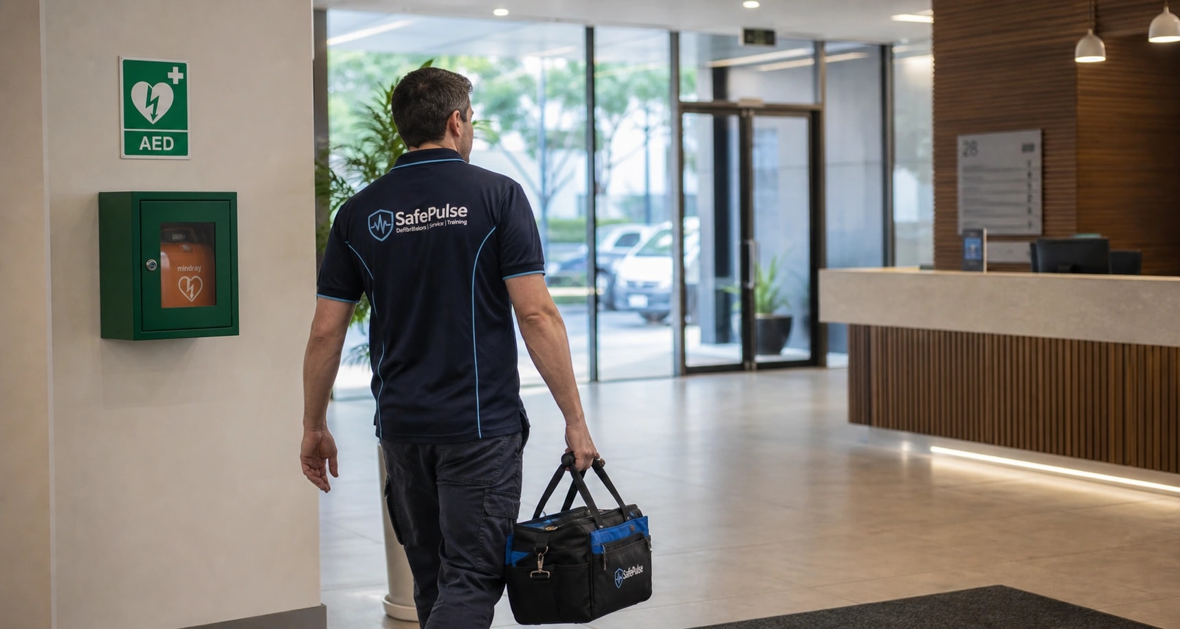 SafePulse technician arriving on-site at a commercial building