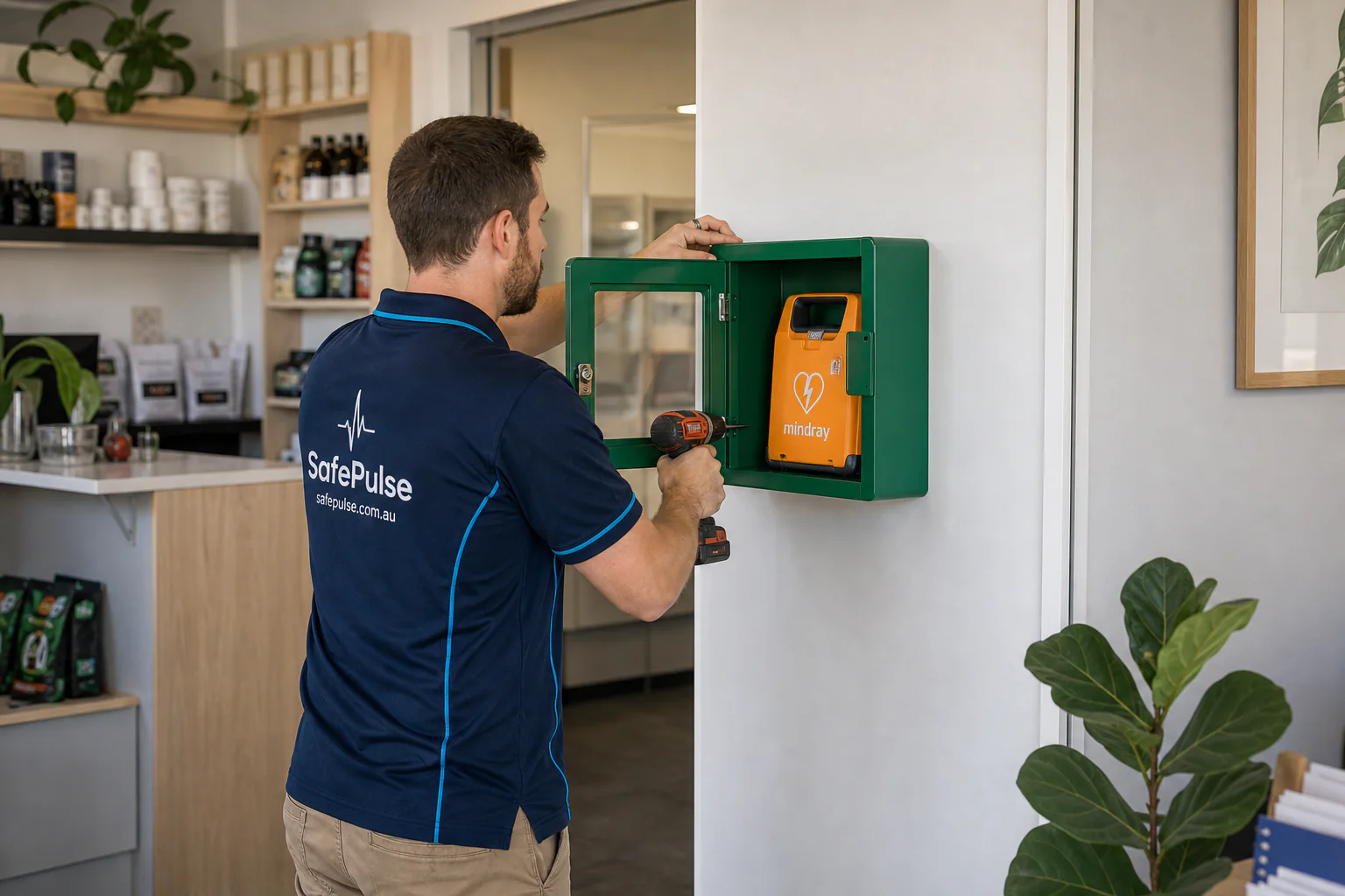 SafePulse installing an AED in a small commercial workplace