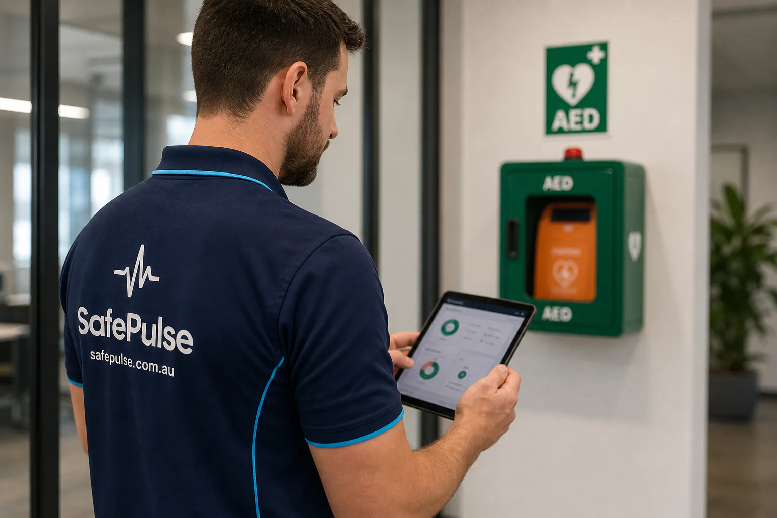 SafePulse technician checking AED status on a monitoring dashboard tablet