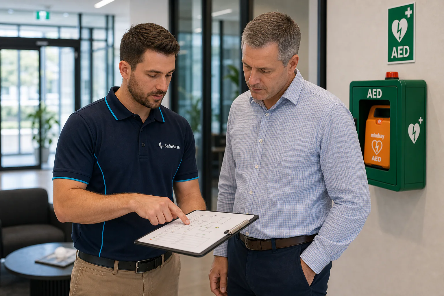 SafePulse reviewing building plans during an AED site assessment