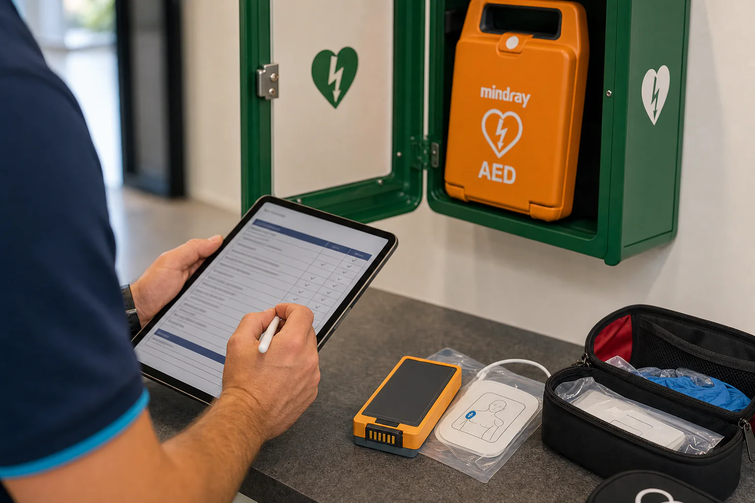 Closeup of a SafePulse AED maintenance checklist in progress