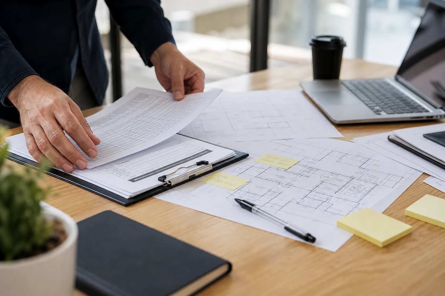 Building compliance paperwork and fire safety documentation being reviewed