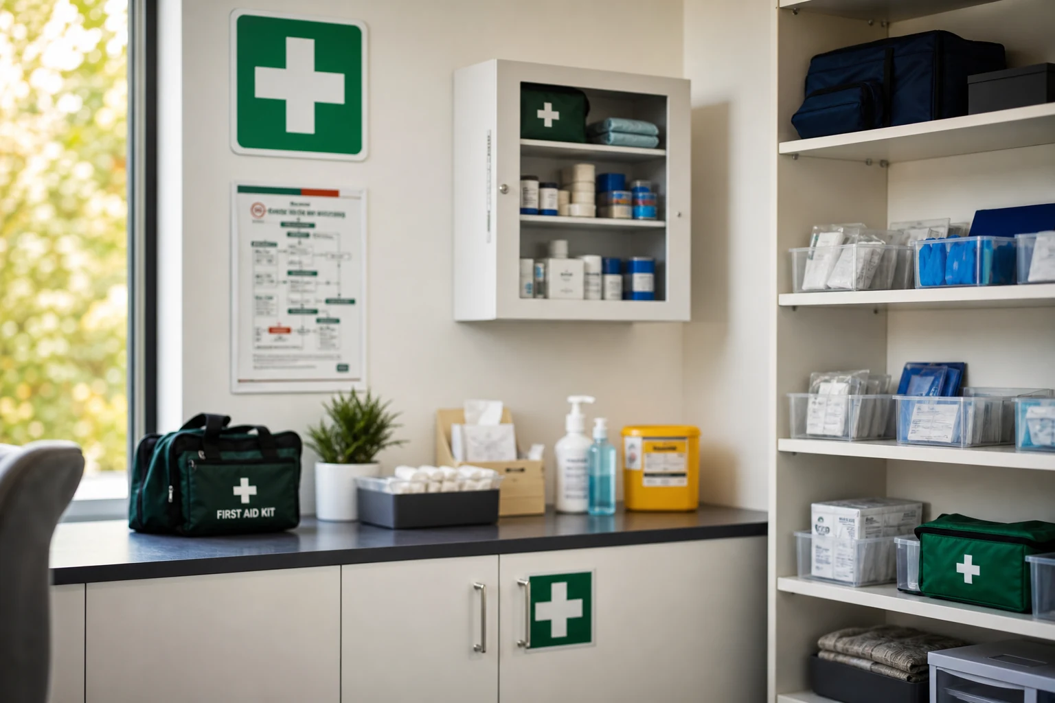 Fully stocked workplace first aid room with kits, cabinet, and consumables