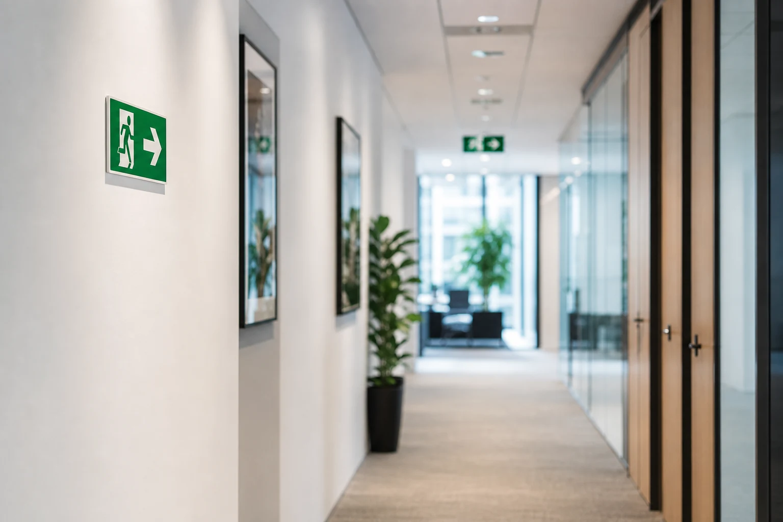 Office corridor with illuminated exit signage and evacuation route markers
