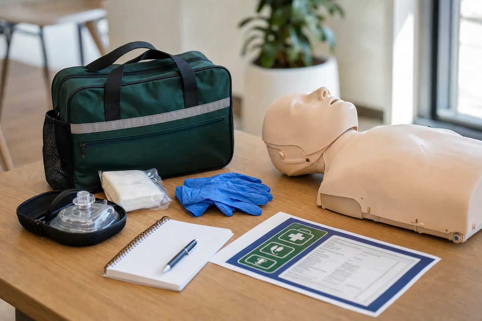 First aid kit contents including gloves, bandages, and compliance checklist