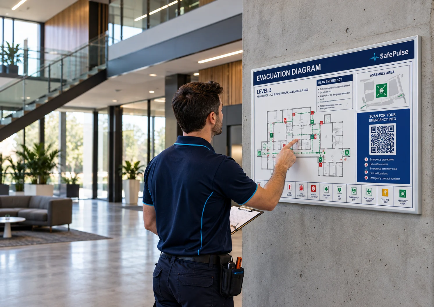 SafePulse technician checking an evacuation diagram in an office lobby
