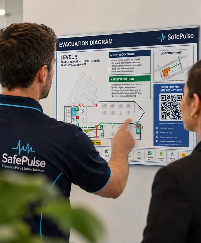 SafePulse technician walking a client through their evacuation diagram