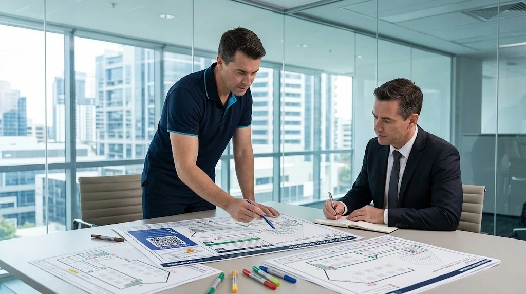 SafePulse technician reviewing evacuation plans with a building manager