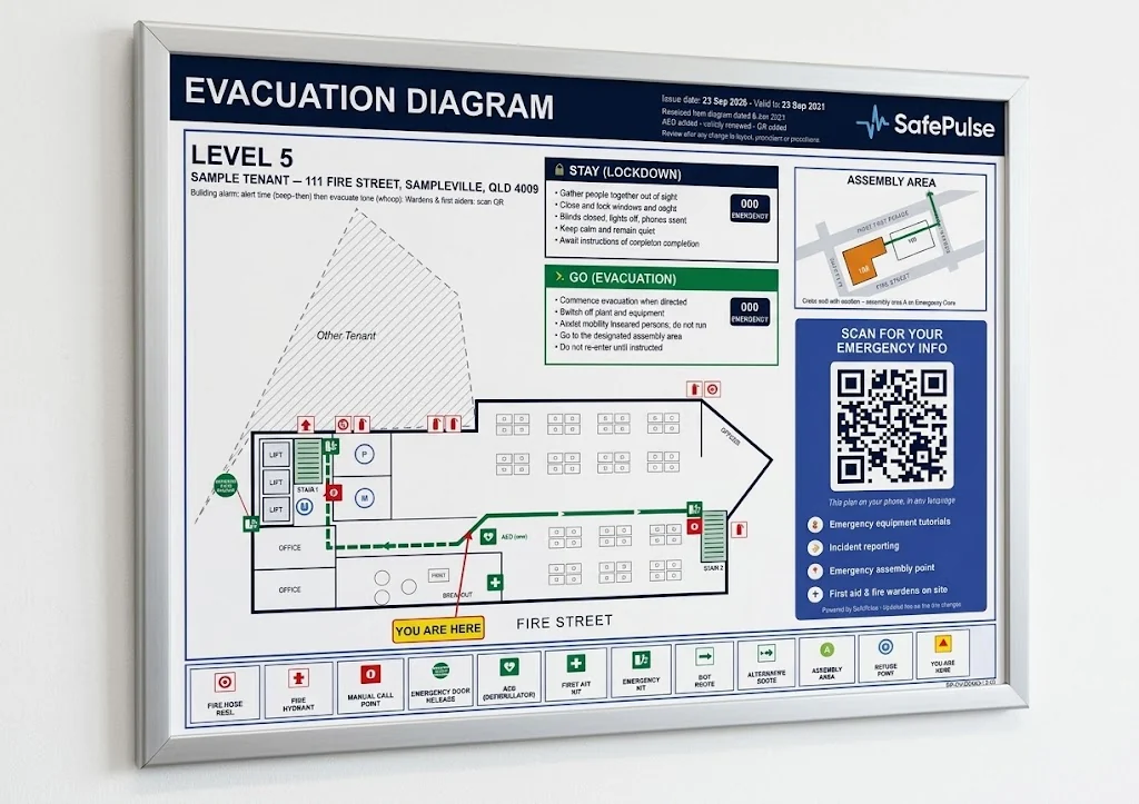 Framed SafePulse evacuation diagram with floor plan, assembly area and QR code