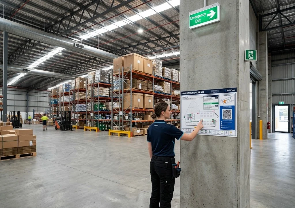 SafePulse technician pointing to an evacuation diagram mounted in a warehouse