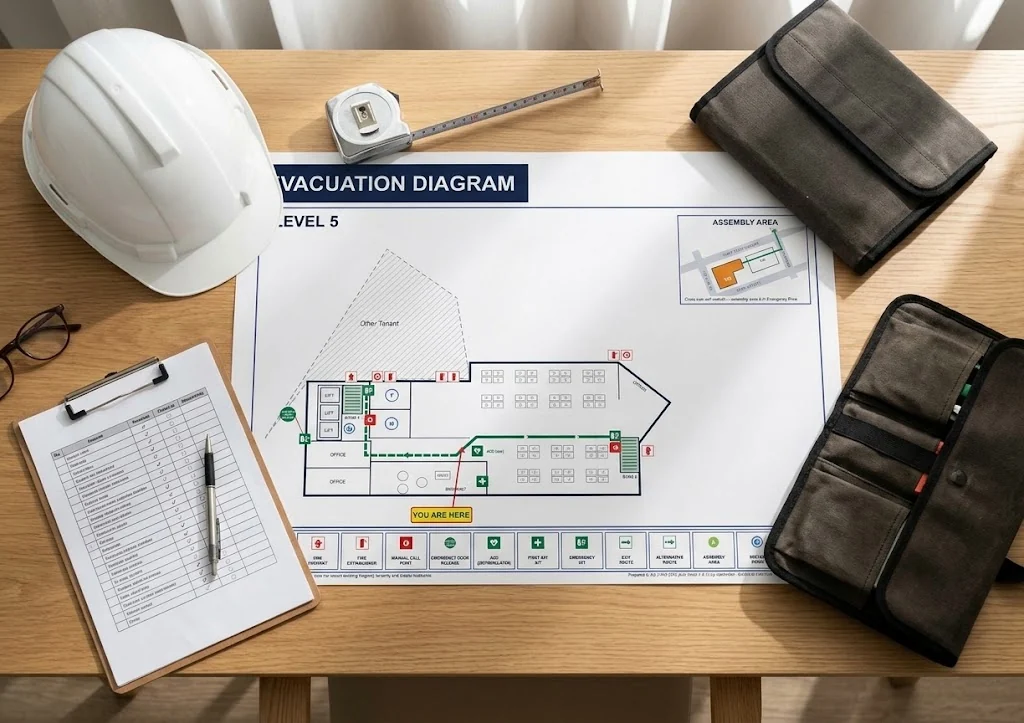 SafePulse evacuation diagram laid out with a hard hat, clipboard and measuring tape