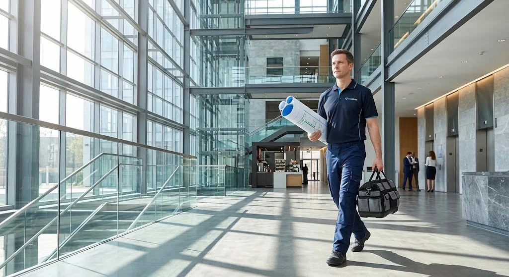 SafePulse technician carrying new evacuation plans through an office lobby