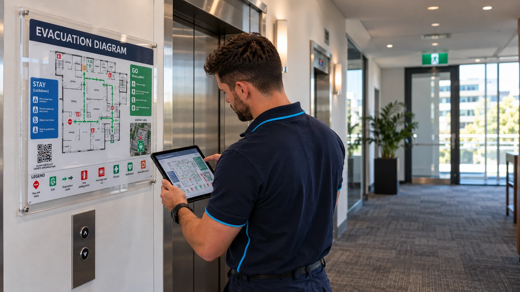 SafePulse technician checking a lift lobby evacuation diagram against his tablet