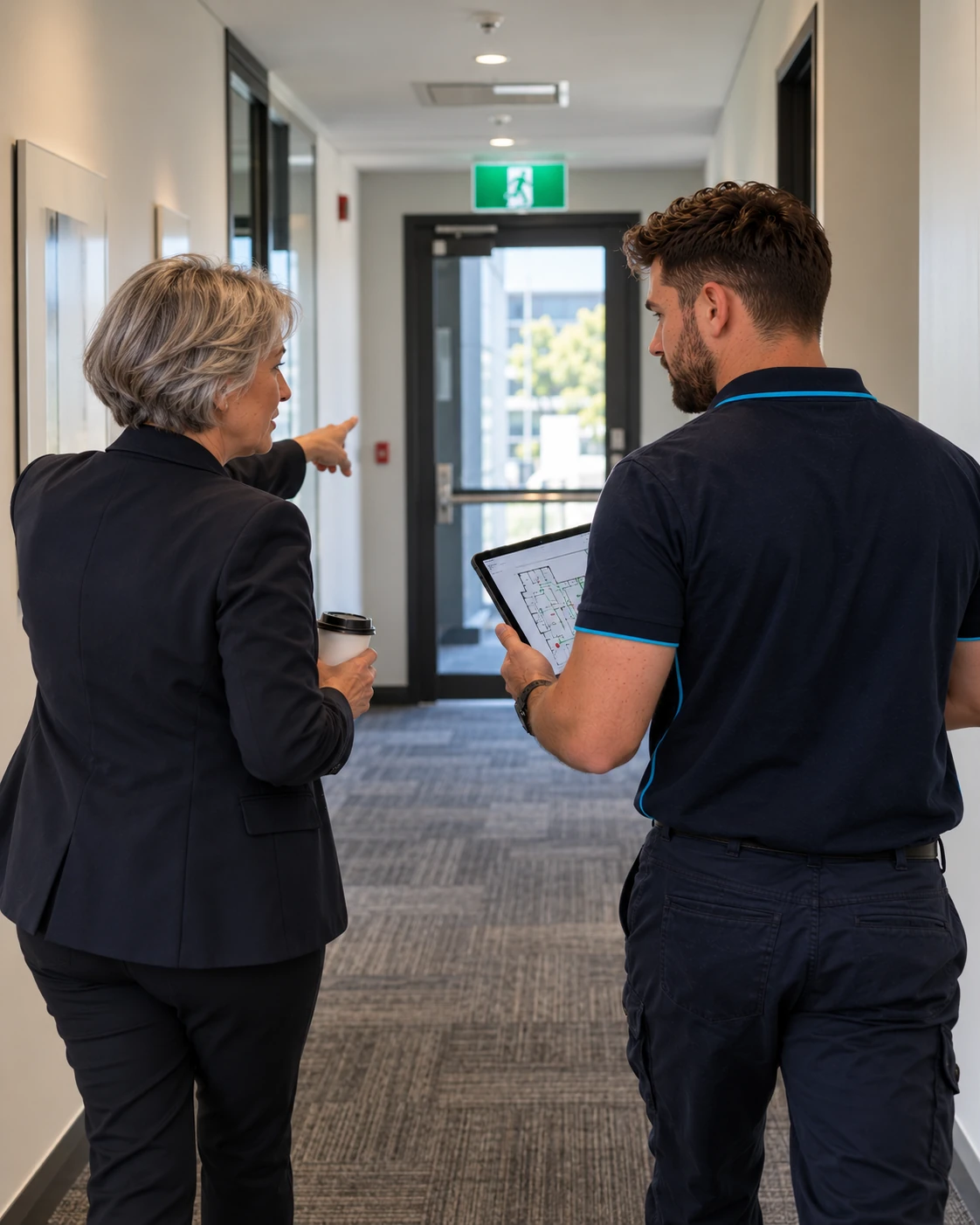 SafePulse technician walking the exit route with a property manager