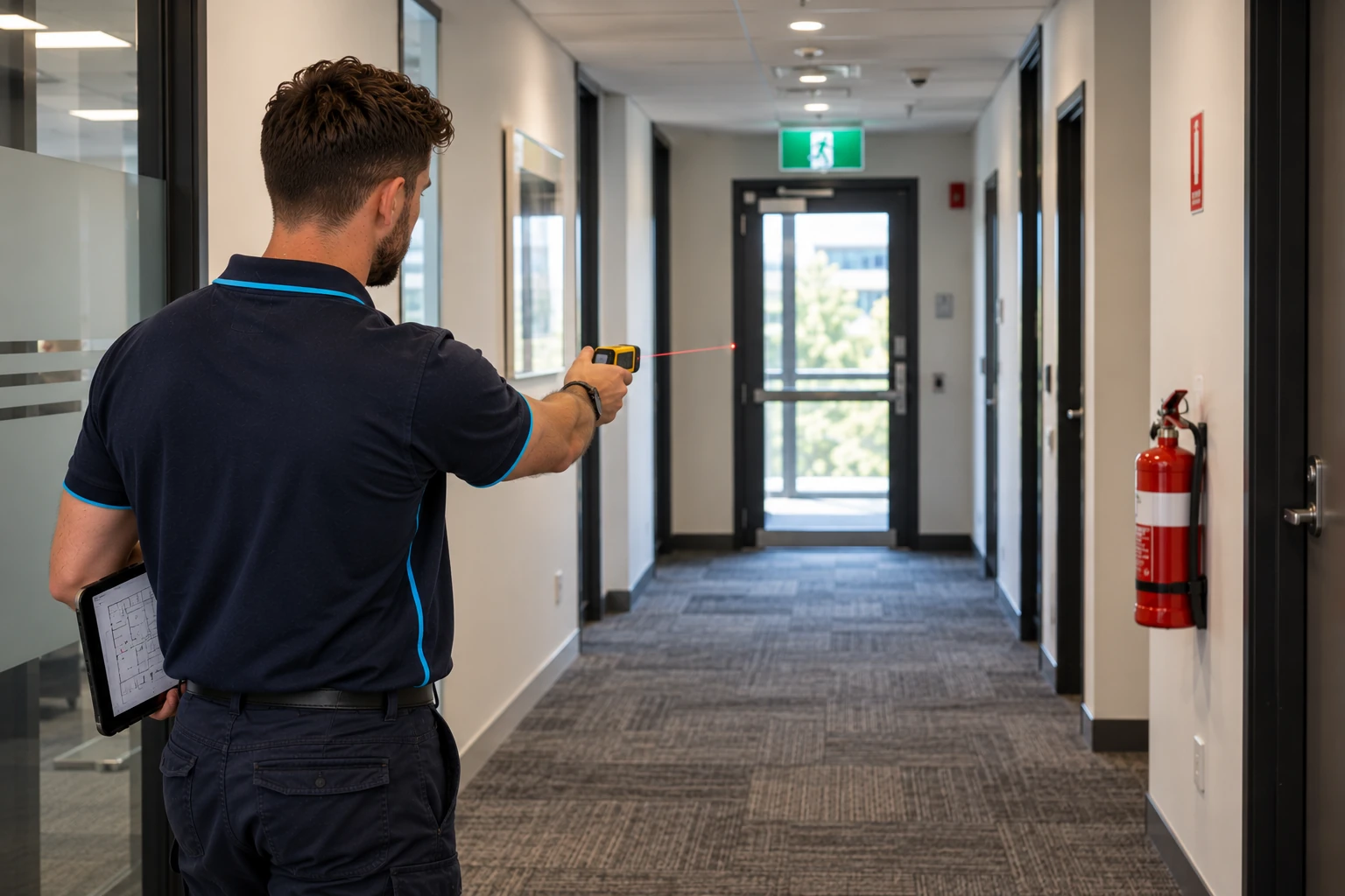 SafePulse technician measuring a corridor to the fire exit with a laser measure