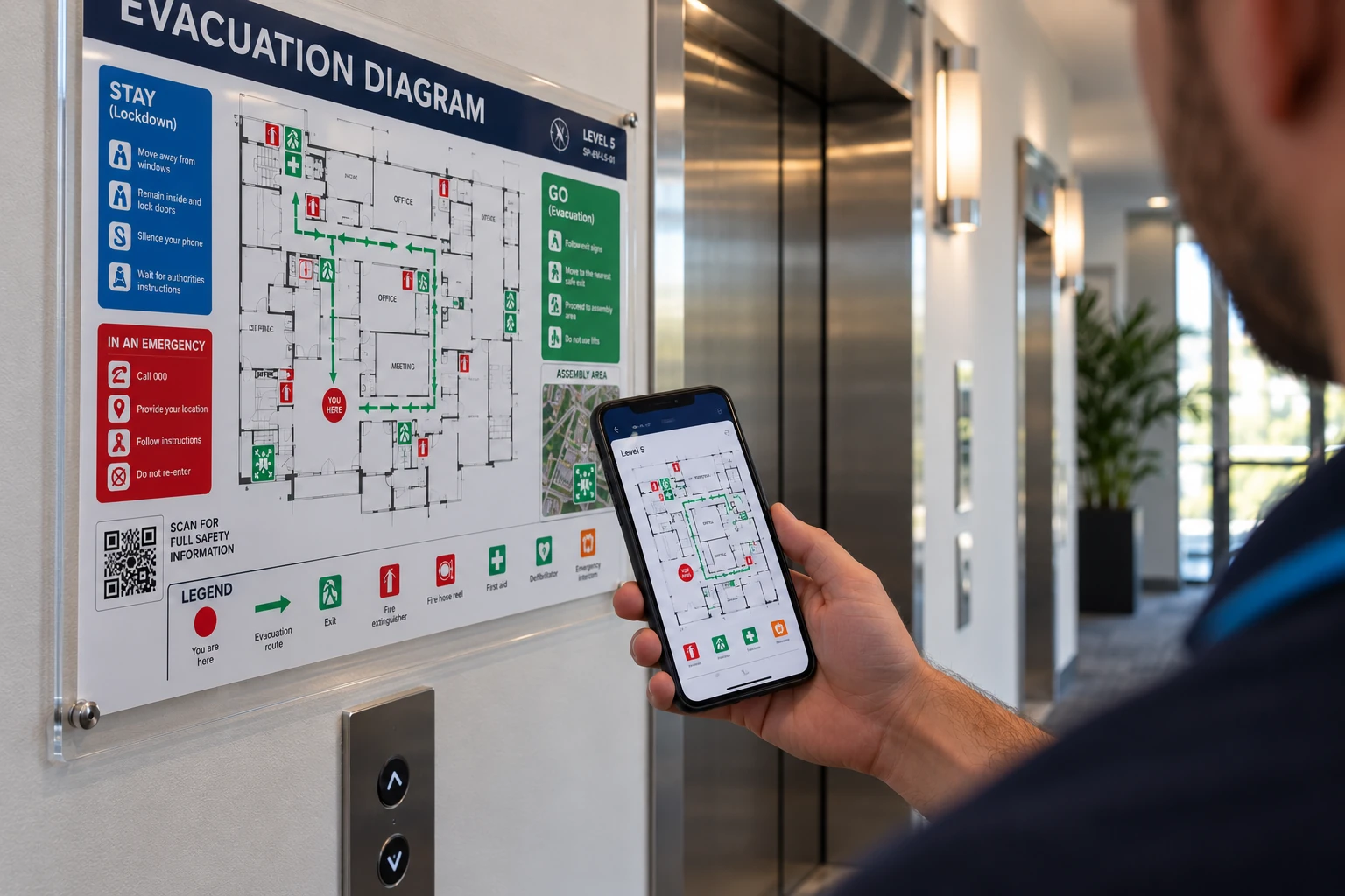 Phone showing the evacuation plan after scanning the QR code on a lift lobby diagram