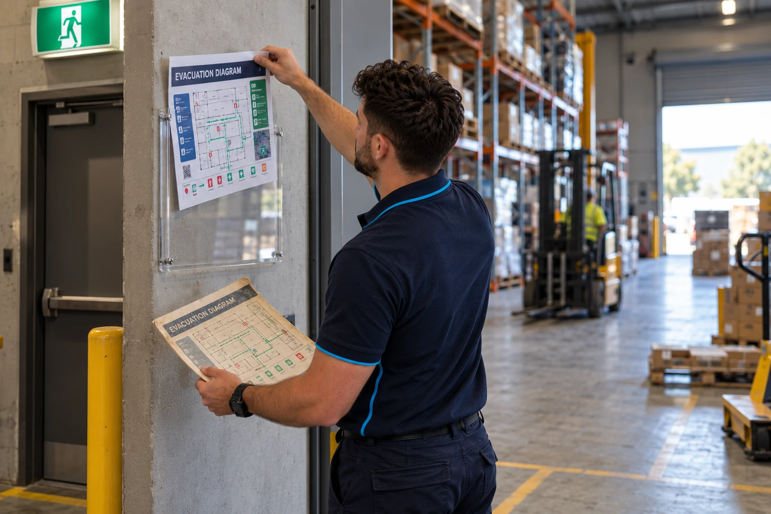 SafePulse technician replacing a faded evacuation diagram with a new one in a warehouse