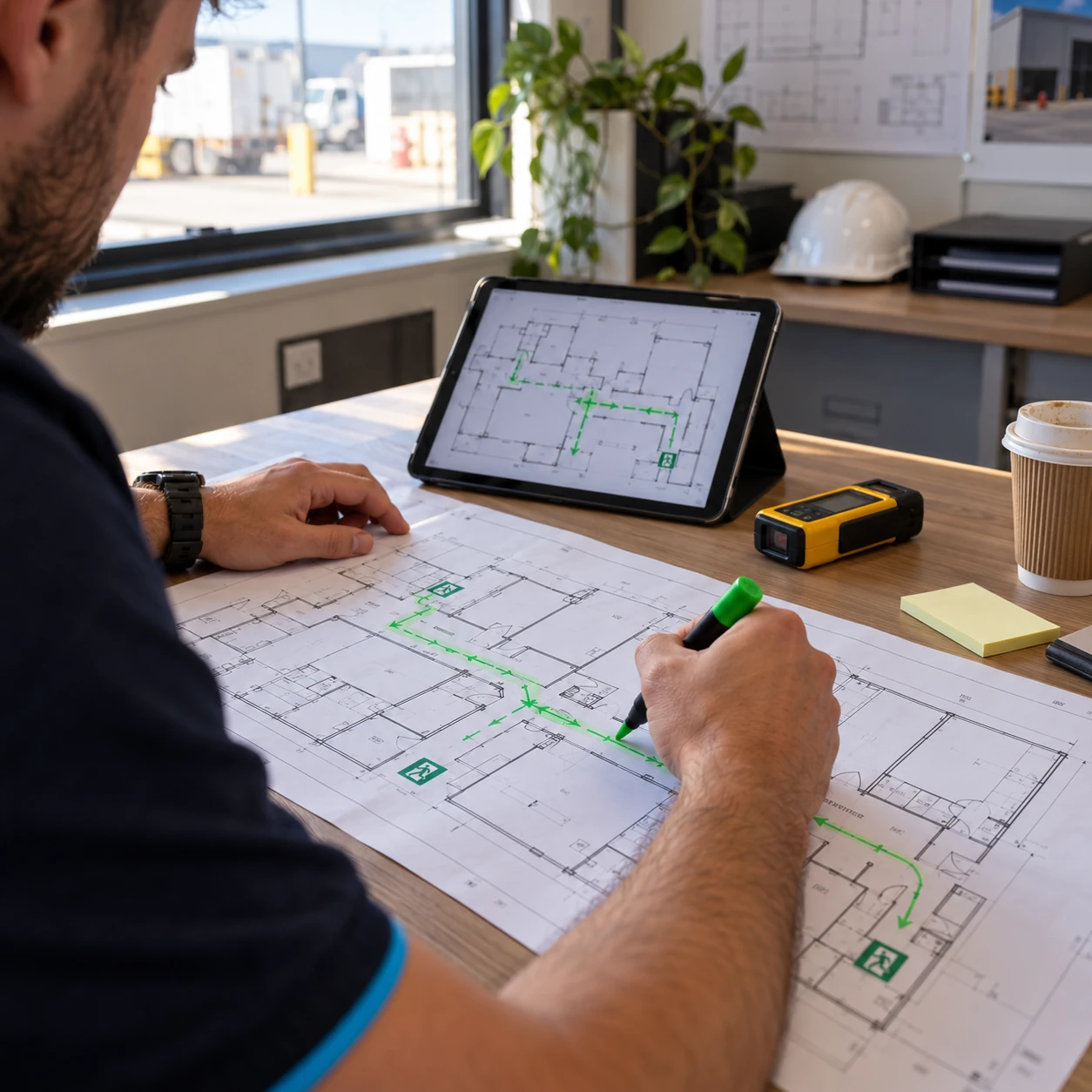 SafePulse technician marking the evacuation route on a floor plan