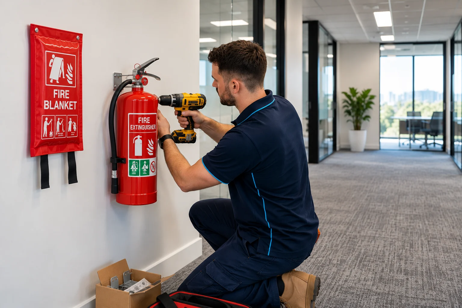 SafePulse technician installing a fire extinguisher bracket beside a new fire blanket