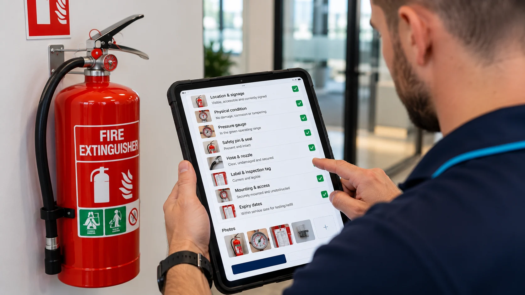 Technician completing a fire extinguisher inspection checklist on a tablet