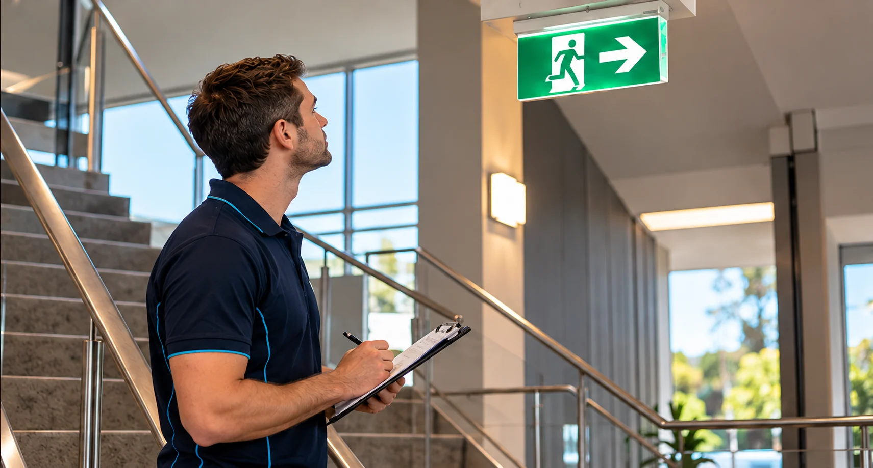 SafePulse technician checking an illuminated exit sign above a stairwell