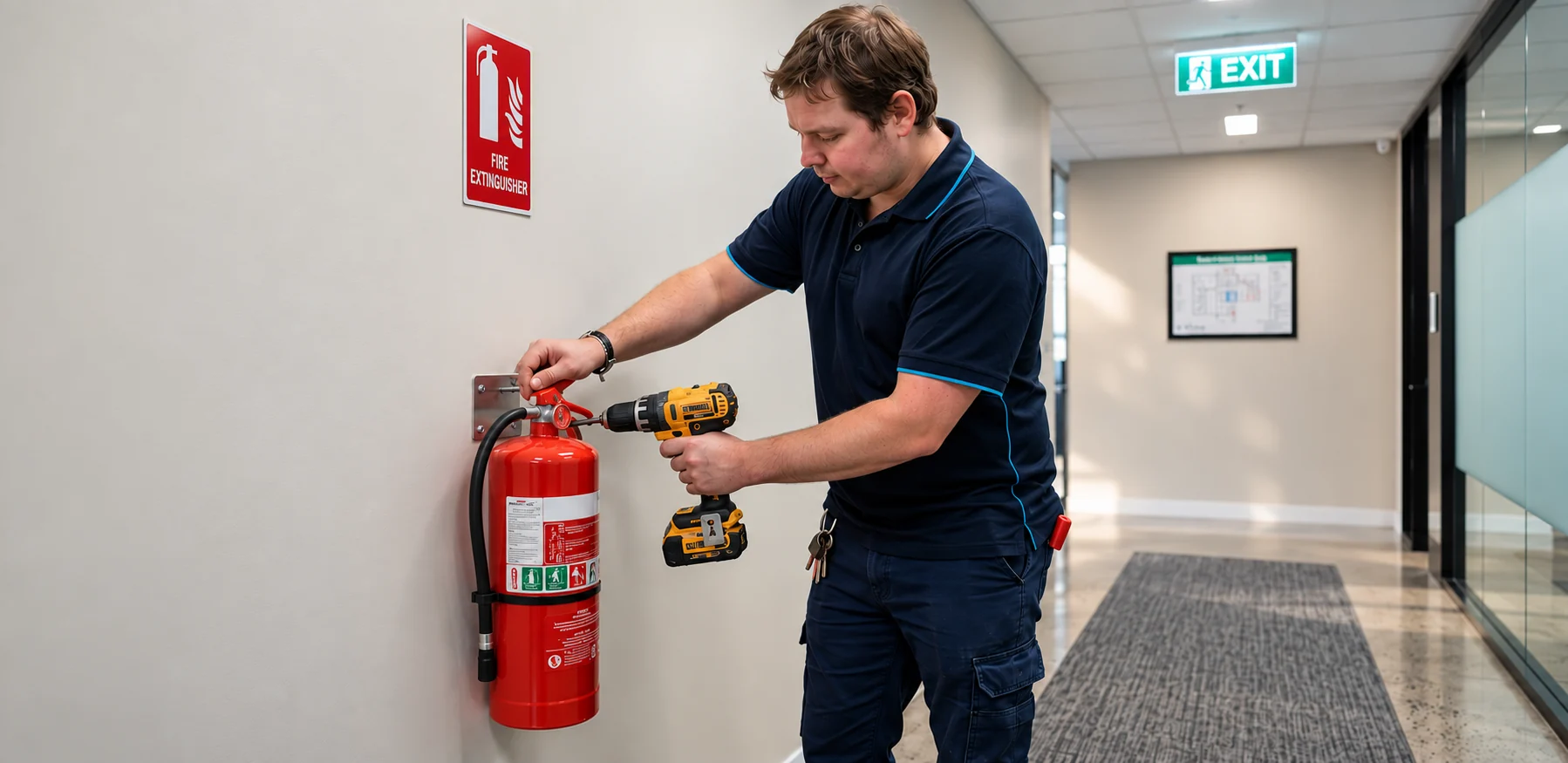 SafePulse technician mounting a fire extinguisher bracket in an office corridor