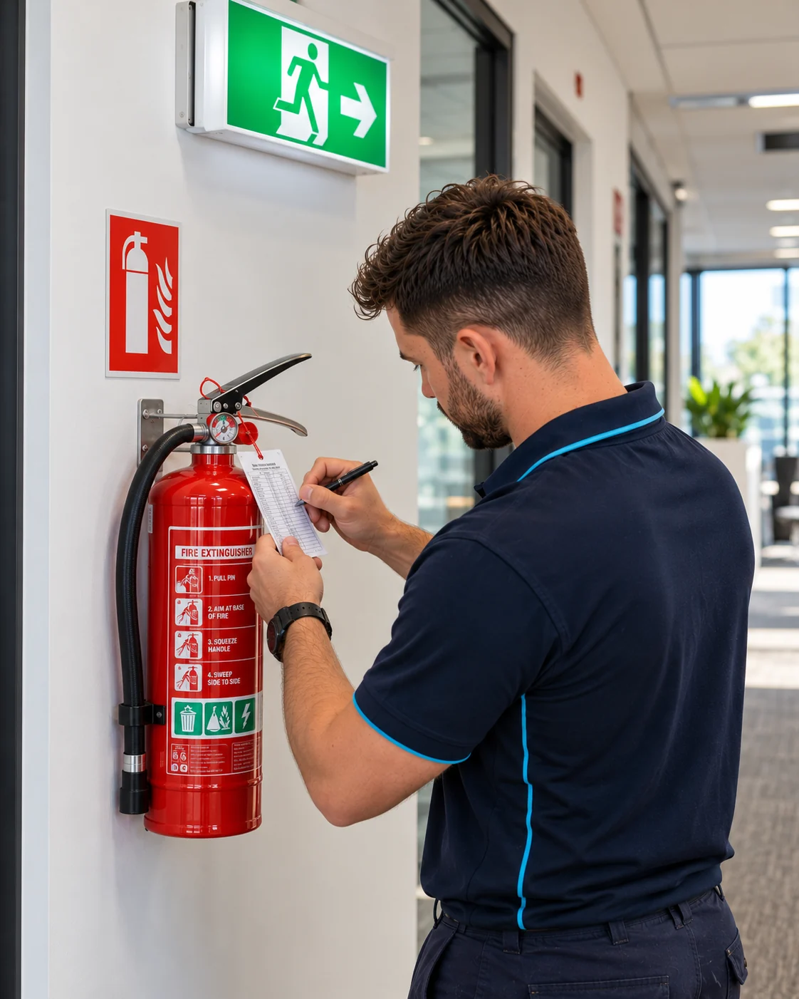 SafePulse technician tagging a fire extinguisher beneath an exit sign
