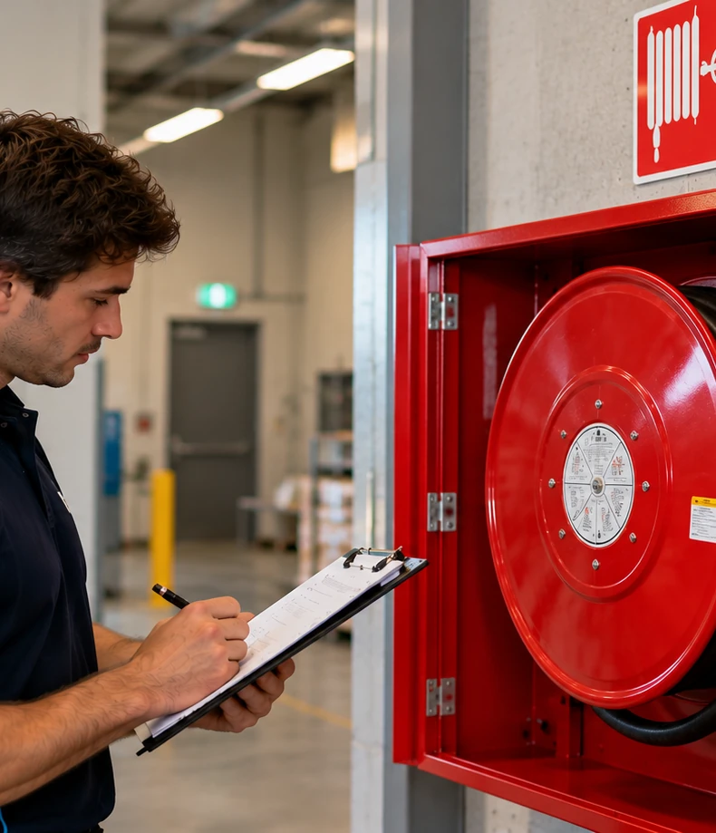 SafePulse technician inspecting a fire hose reel in a warehouse
