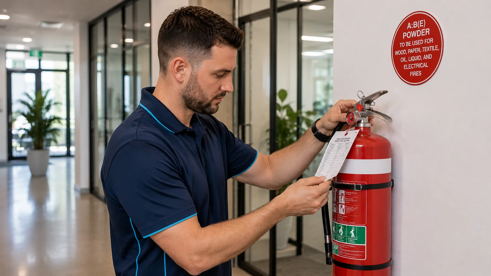 Technician inspecting a fire extinguisher service tag in a modern office corridor