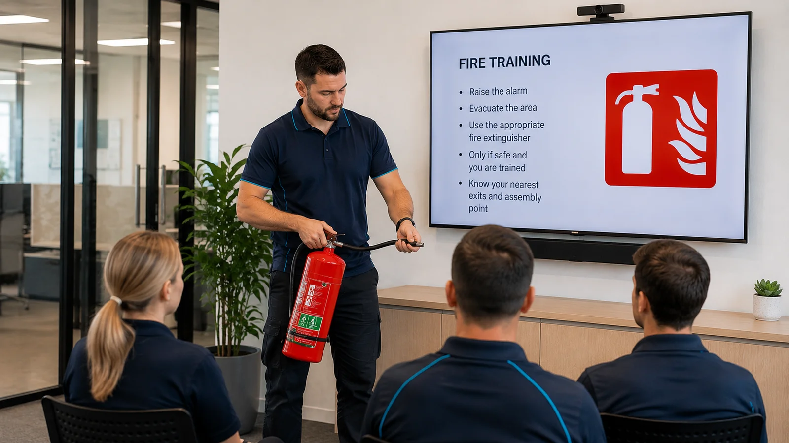 Fire warden training session with extinguisher demonstration in an office
