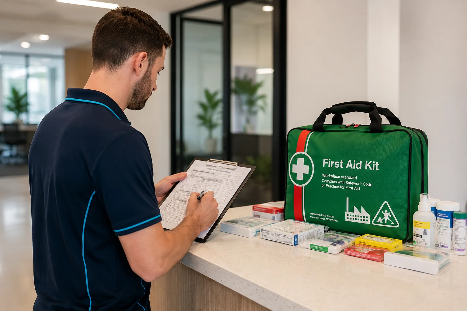 Technician recording first aid kit compliance checklist beside an open workplace first aid kit