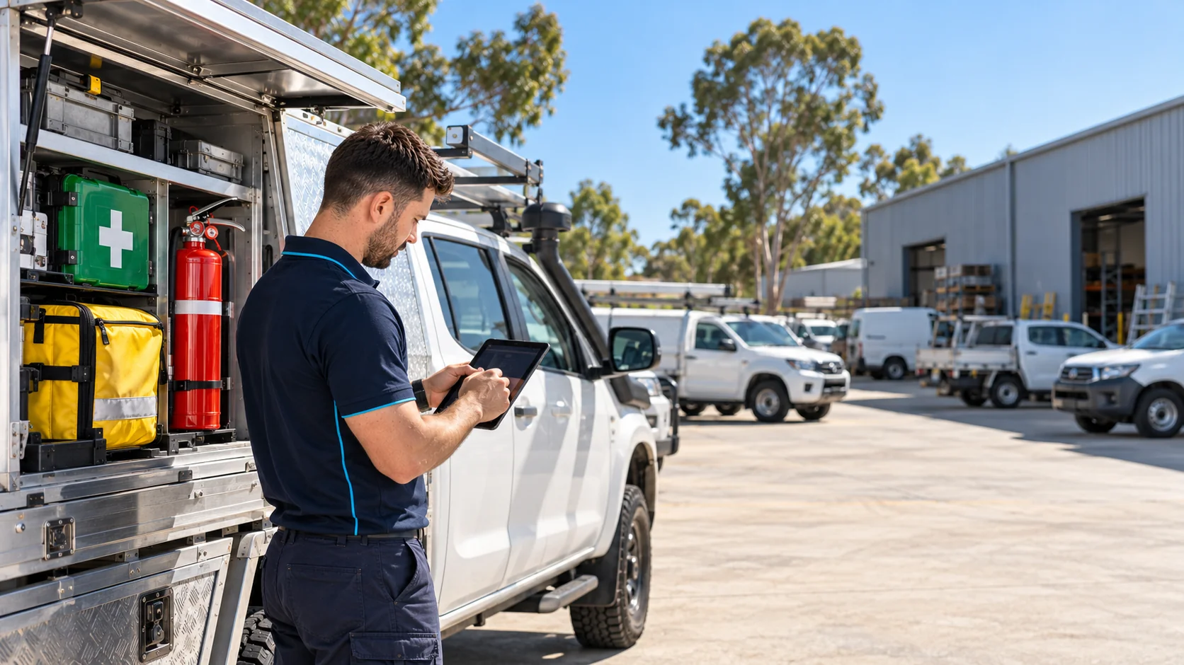 SafePulse technician checking the safety kit in a ute canopy at a fleet depot