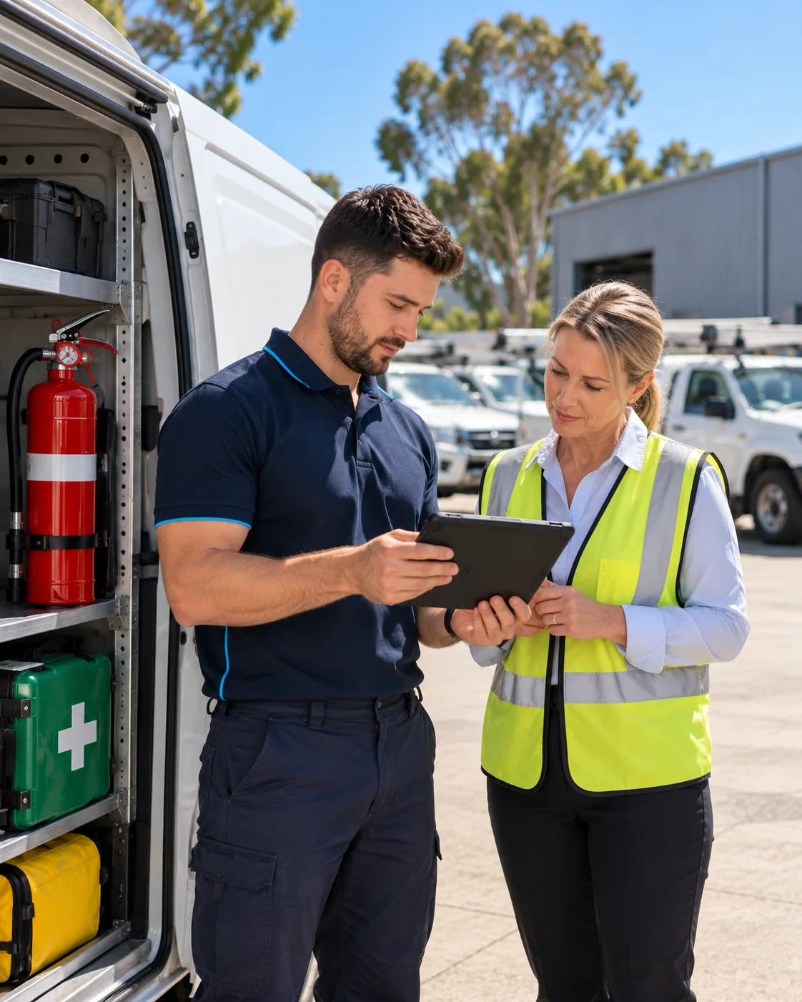SafePulse technician reviewing a vehicle checklist with a fleet manager beside a kitted-out van