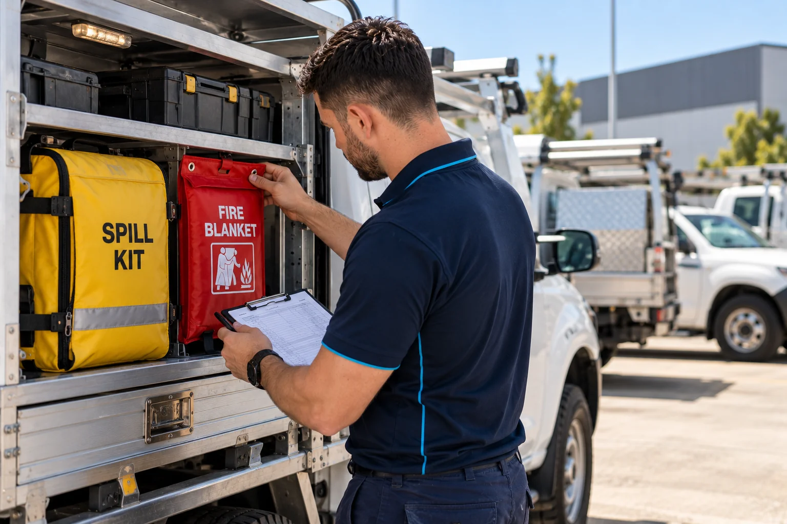SafePulse technician checking a spill kit and fire blanket fitted in a ute canopy