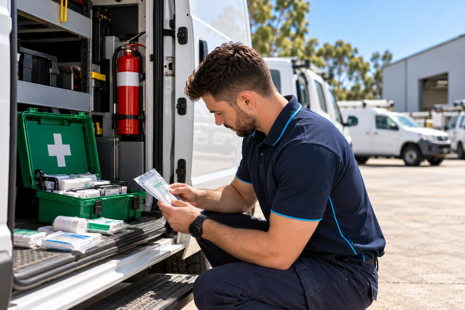 SafePulse technician checking the contents of a first aid kit in a work van