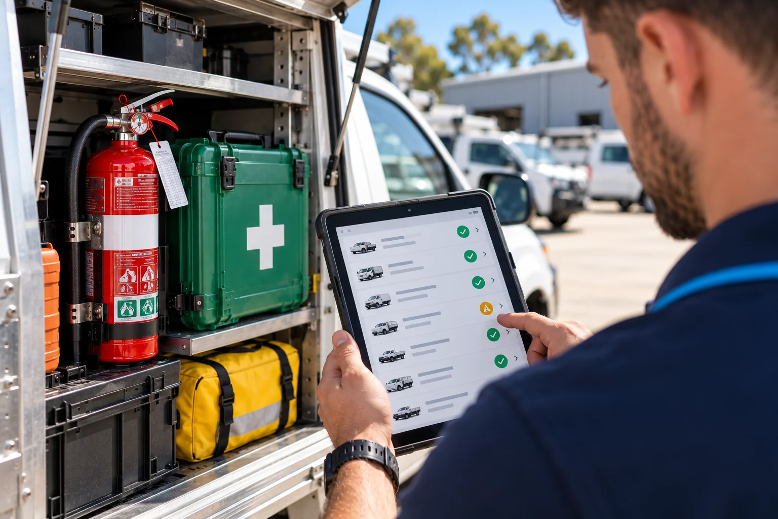 Fleet safety audit checklist on a tablet beside a ute canopy with extinguisher, first aid kit and spill kit