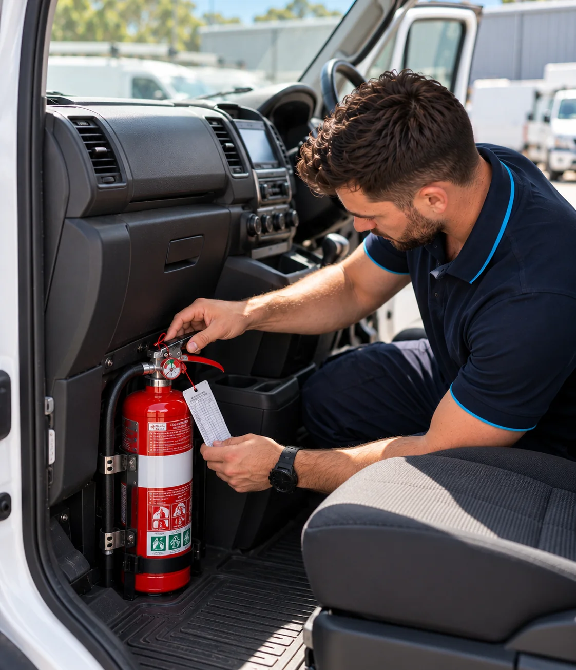 SafePulse technician tagging a fire extinguisher mounted in a van cab