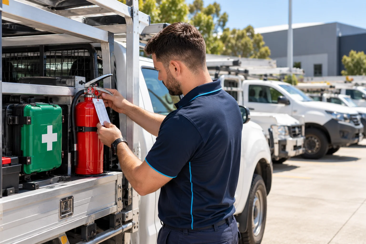 SafePulse technician tagging a new extinguisher fitted in a ute canopy beside a first aid kit