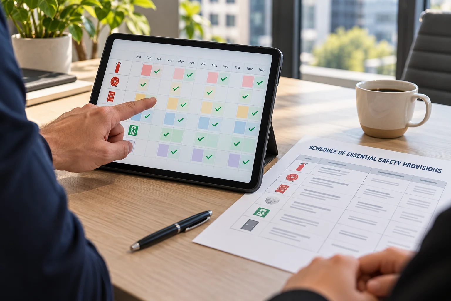 Tablet showing a 12-month compliance calendar beside a schedule of essential safety provisions