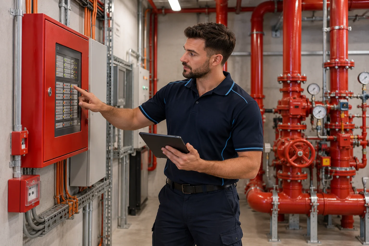 SafePulse technician checking a fire indicator panel in a building's fire control room