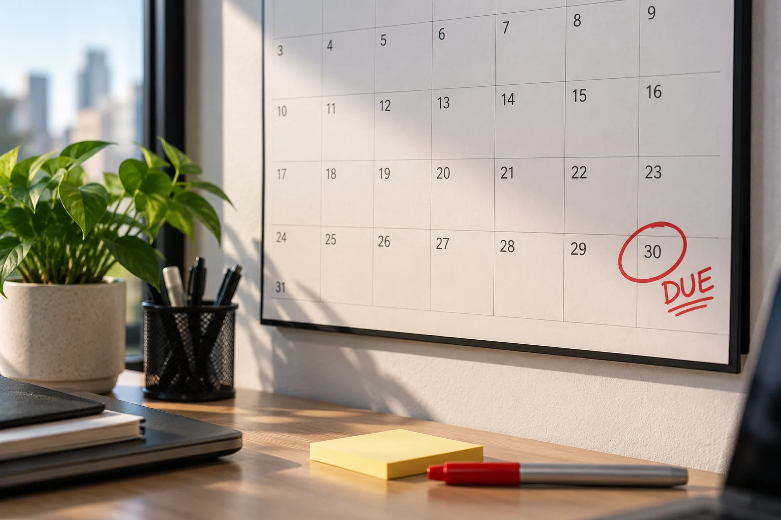 Wall calendar with the Form 3 due date circled in red