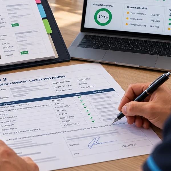 Compliance certificate with every item ticked, beside a laptop showing the SafePulse portal