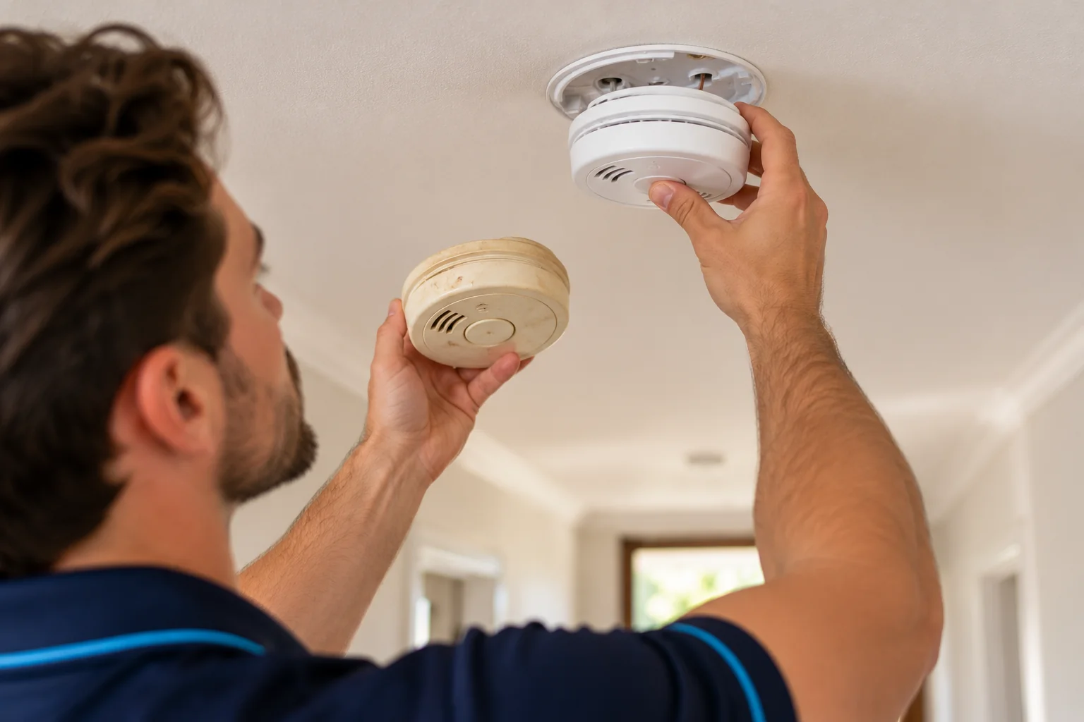 SafePulse technician swapping an old yellowed smoke alarm for a new 10-year sealed alarm