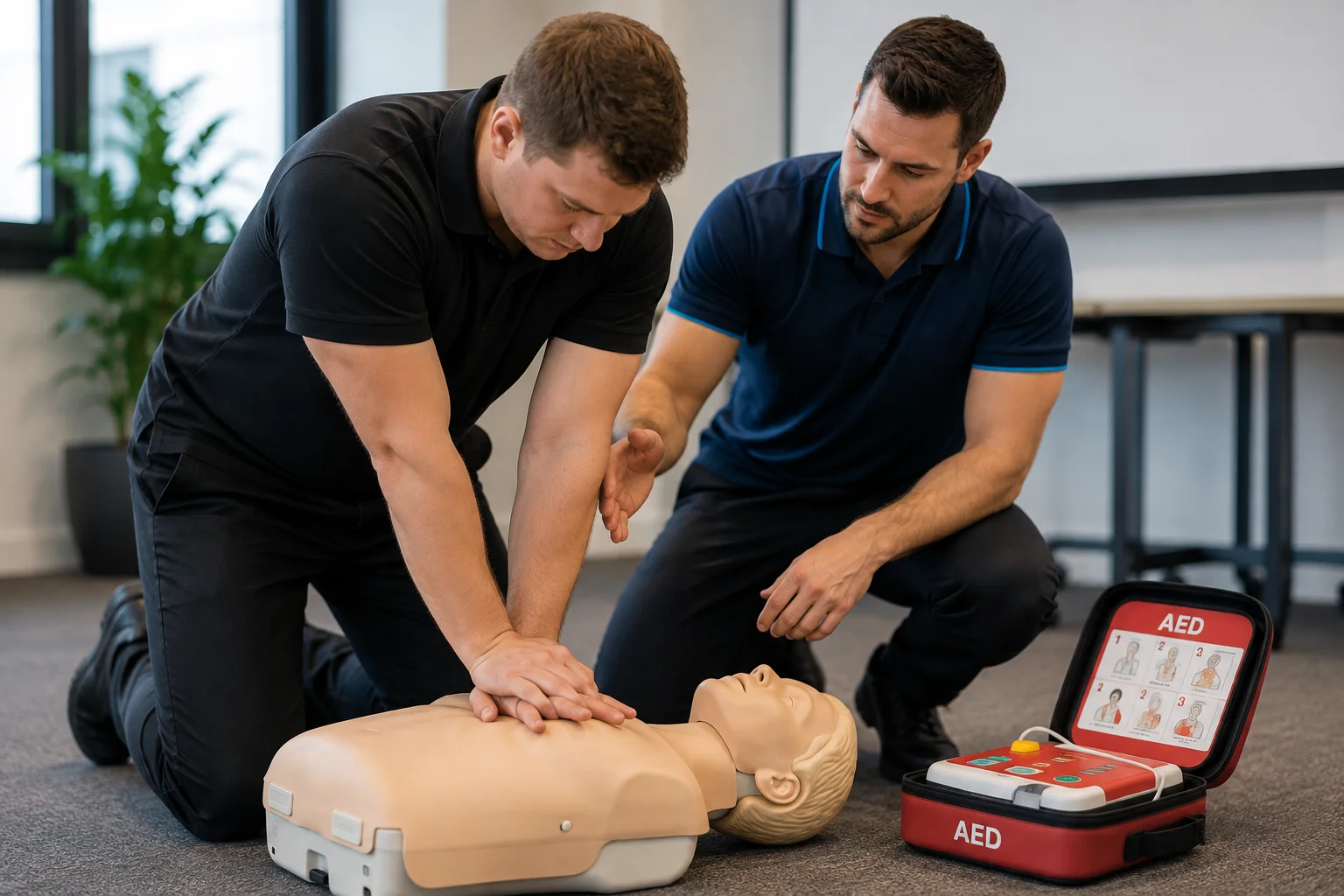 CPR training with chest compressions on a manikin and an open AED beside the trainer