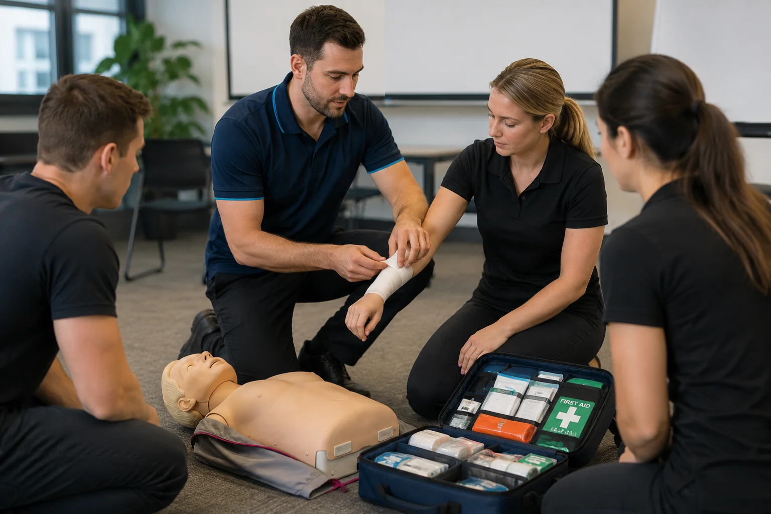 Small group first aid training with bandaging demonstration and open first aid kit