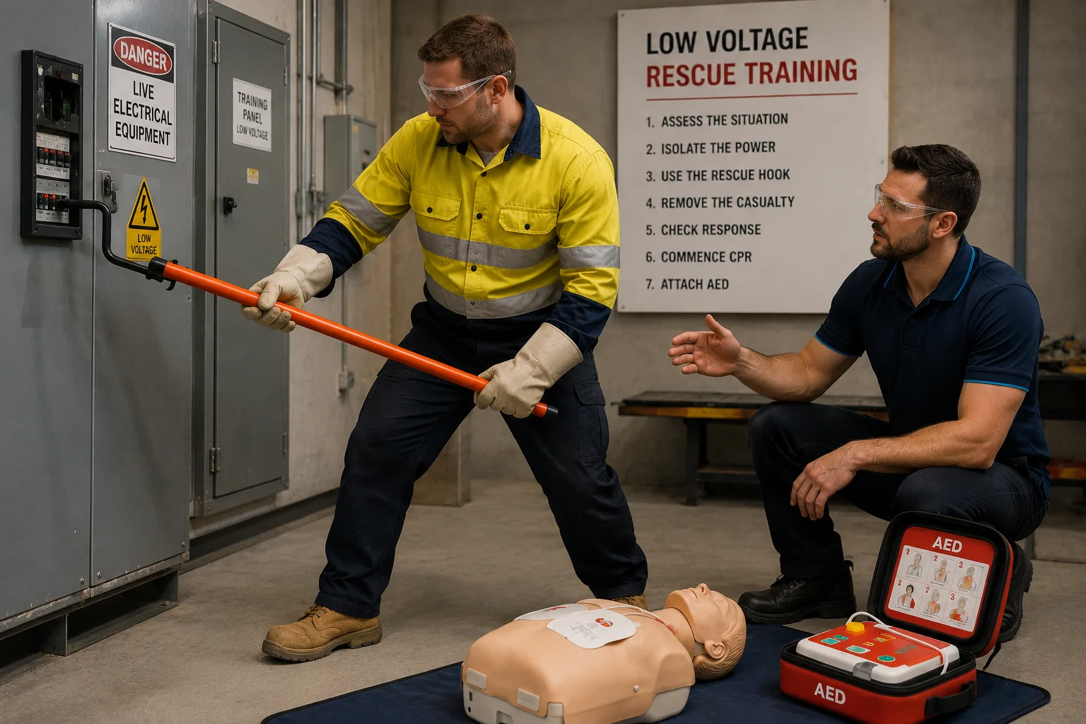 Low voltage rescue training with a rescue hook at a switchboard panel and AED on standby