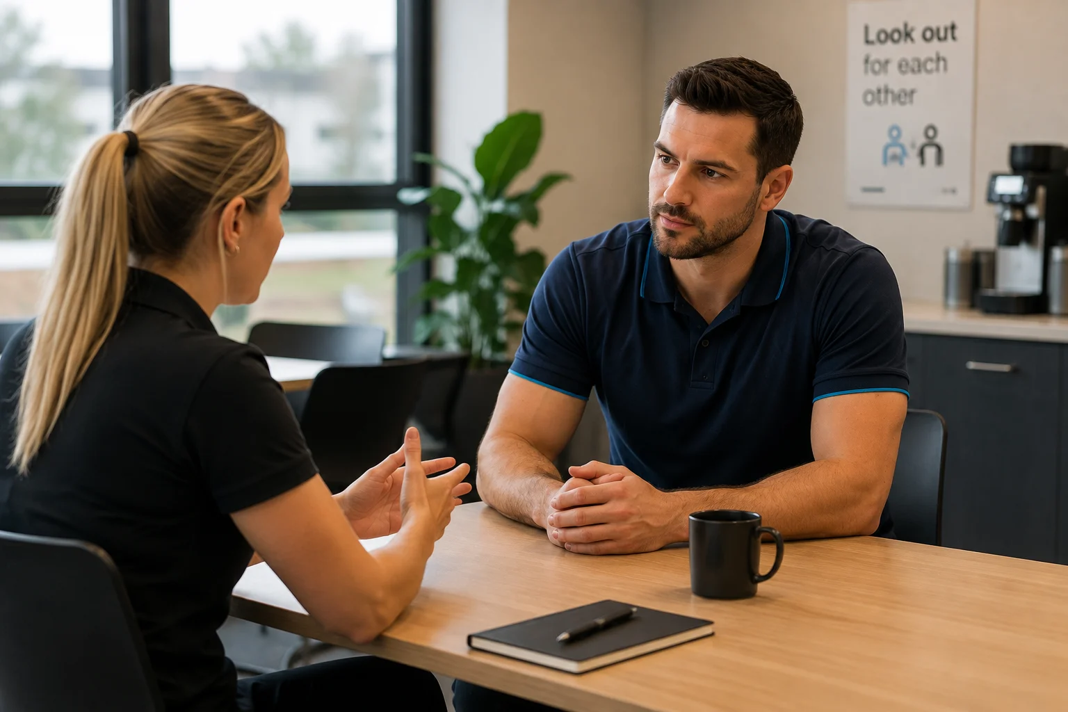 One-on-one workplace mental health conversation at a desk with a look out for each other poster