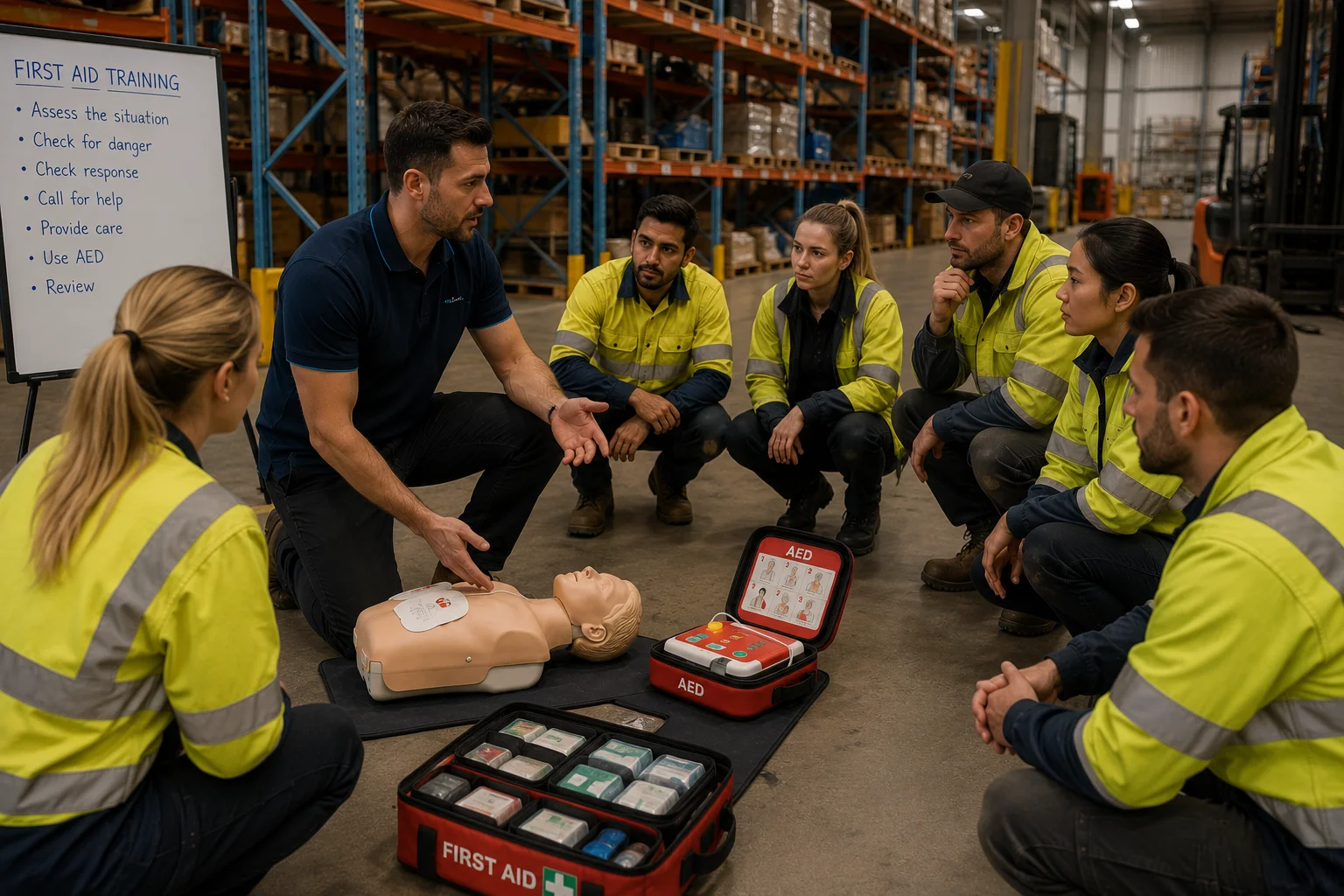 On-site first aid training in a warehouse with hi-vis workers gathered around a manikin and AED