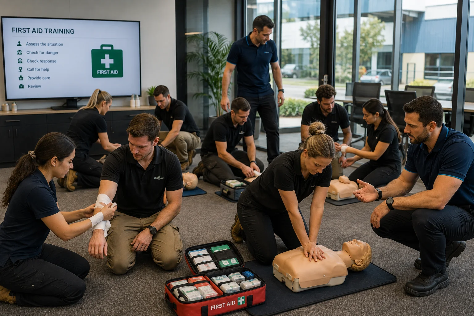 Group first aid training session with CPR manikins, bandaging practice, and presentation screen