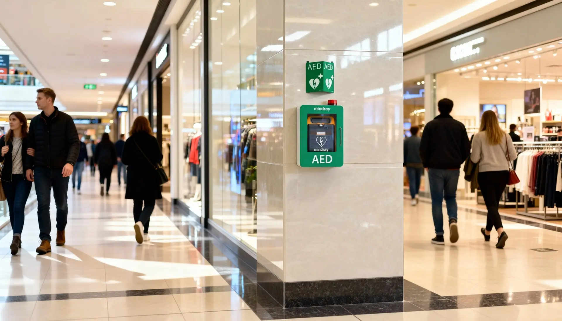Installed SafePulse AED Defibrillator installed on a wall with compliant AED signature inside a shopping mall with customers